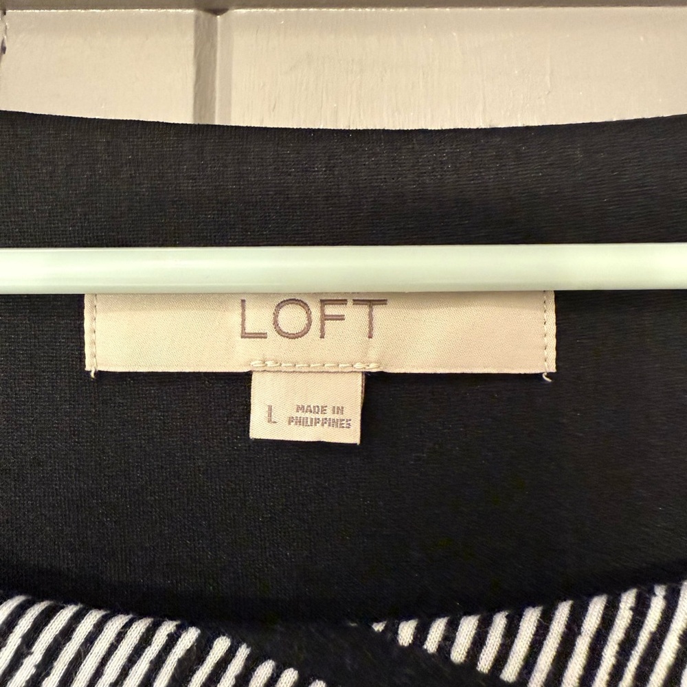 LOFT Black White Striped Midi Dress Fall Professional Workwear L - Picture 3 of 8